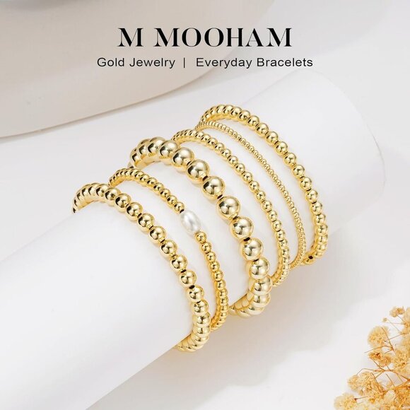 Gold Beaded Bracelet Set for Women Pearl Stack Adjustable Stretch Jewelry Gift - Picture 5 of 7